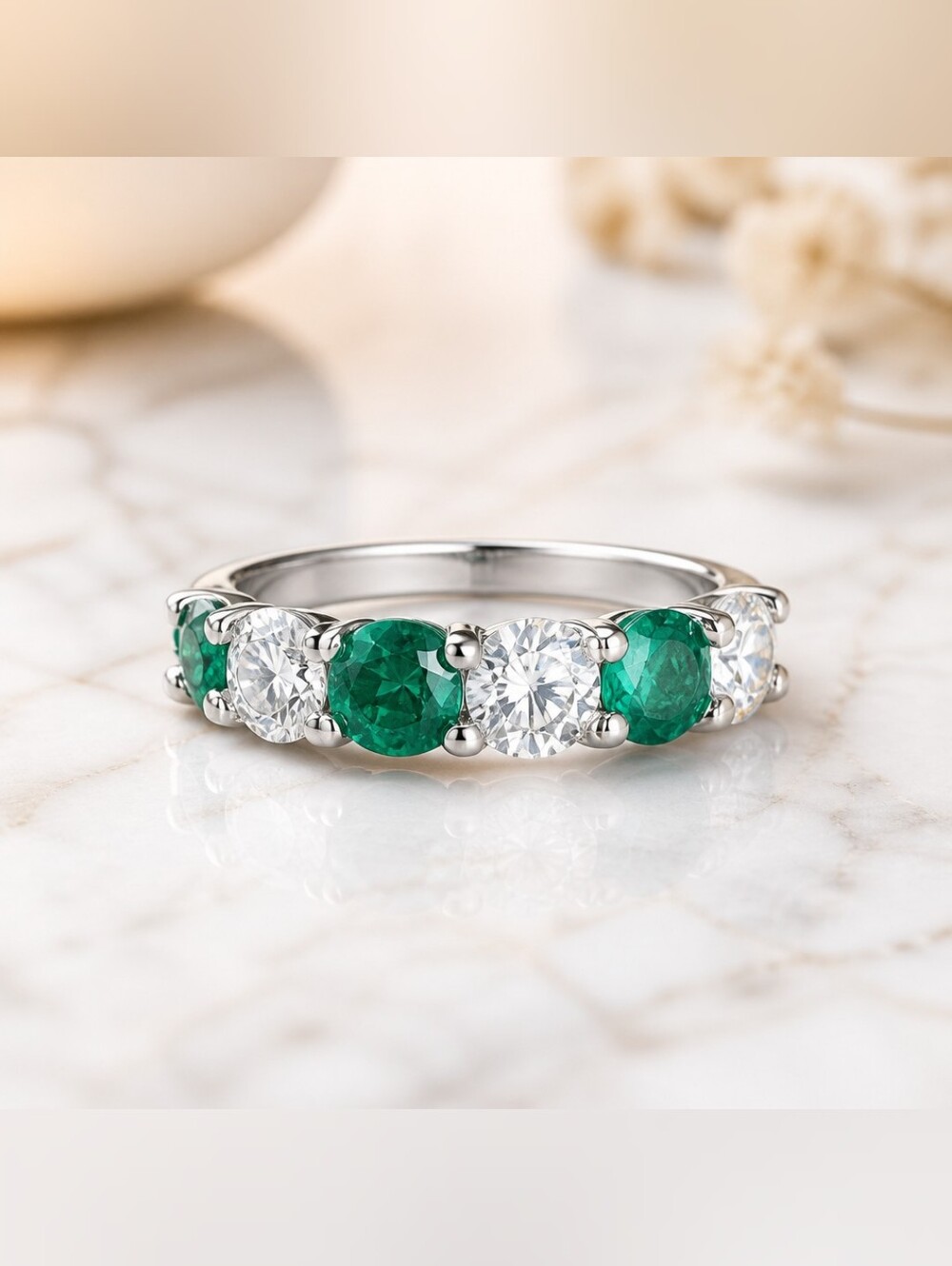 Emerald Green Gemstone and Moissanite Eternity Band in Sterling Silver Sz 5